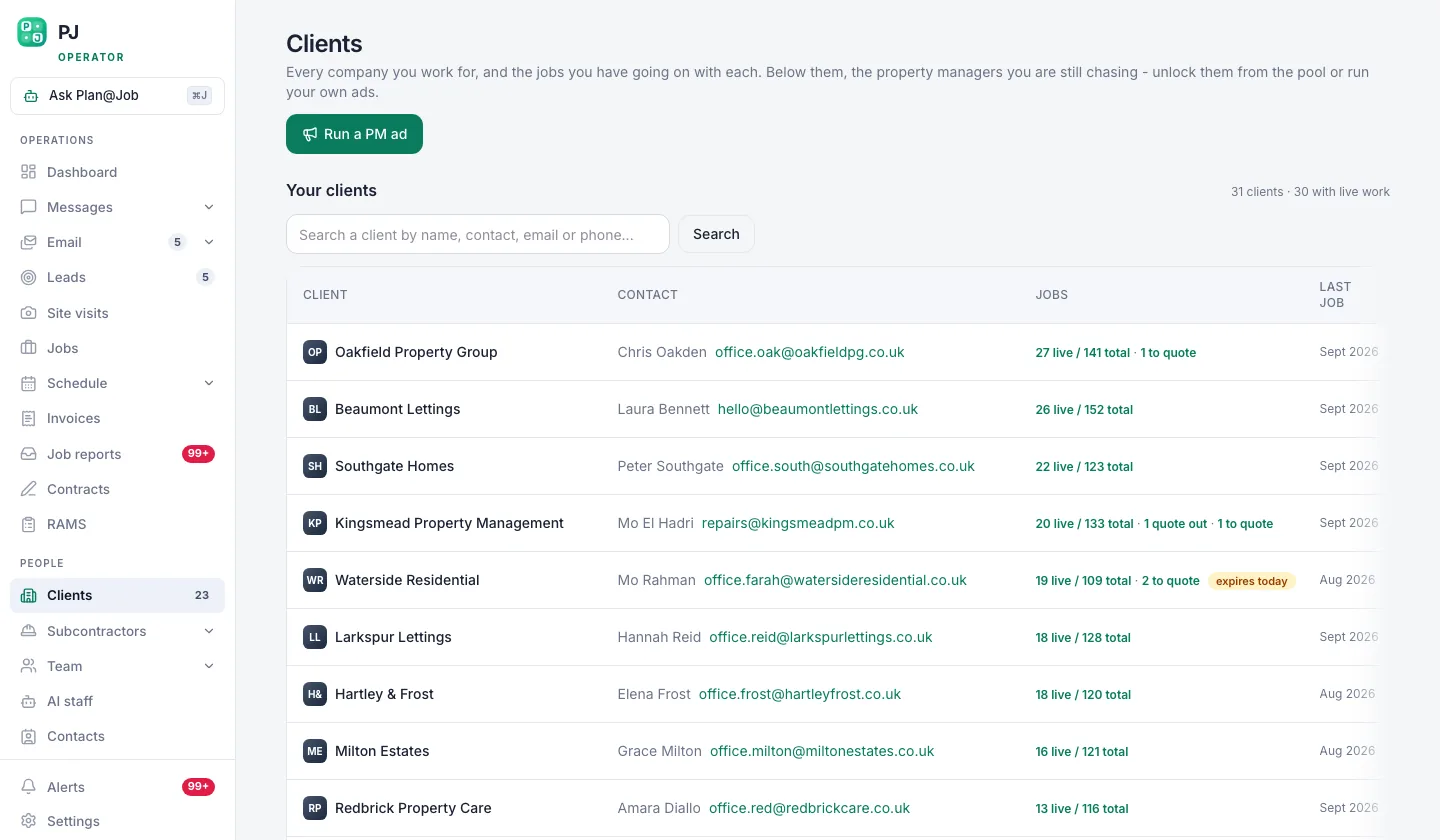Plan@Job clients list of property management companies with job counts and value
