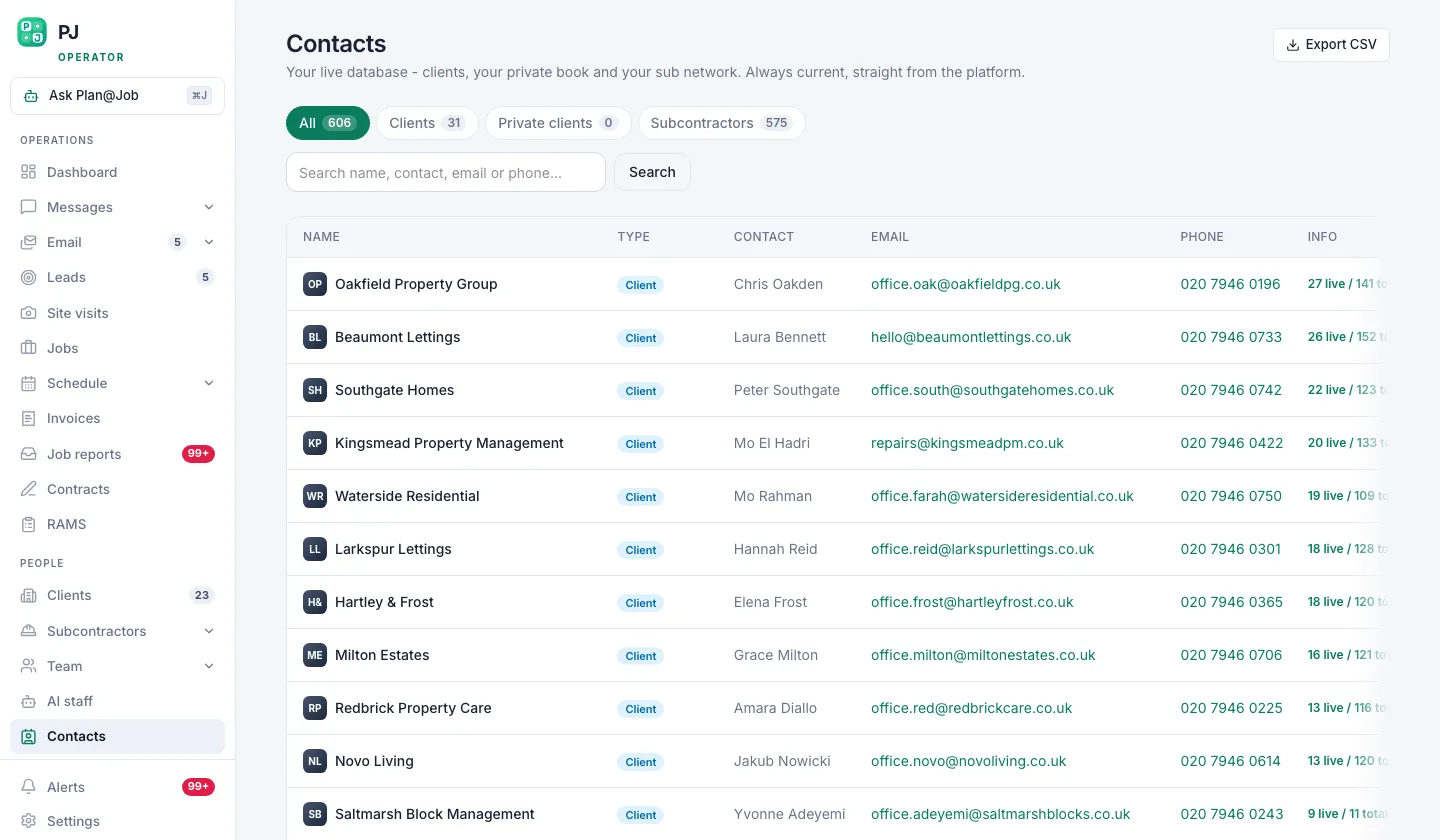 Plan@Job contact list of property managers with owner, status and last contact