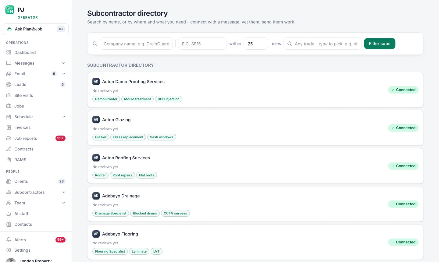 Plan@Job subcontractor directory searched by trade and distance from the job