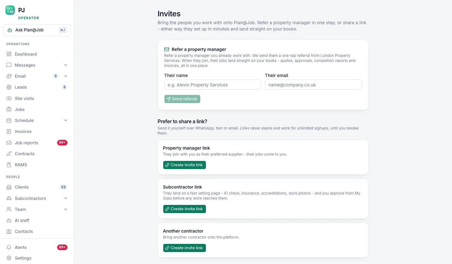 Plan@Job invites screen with a shareable property manager link