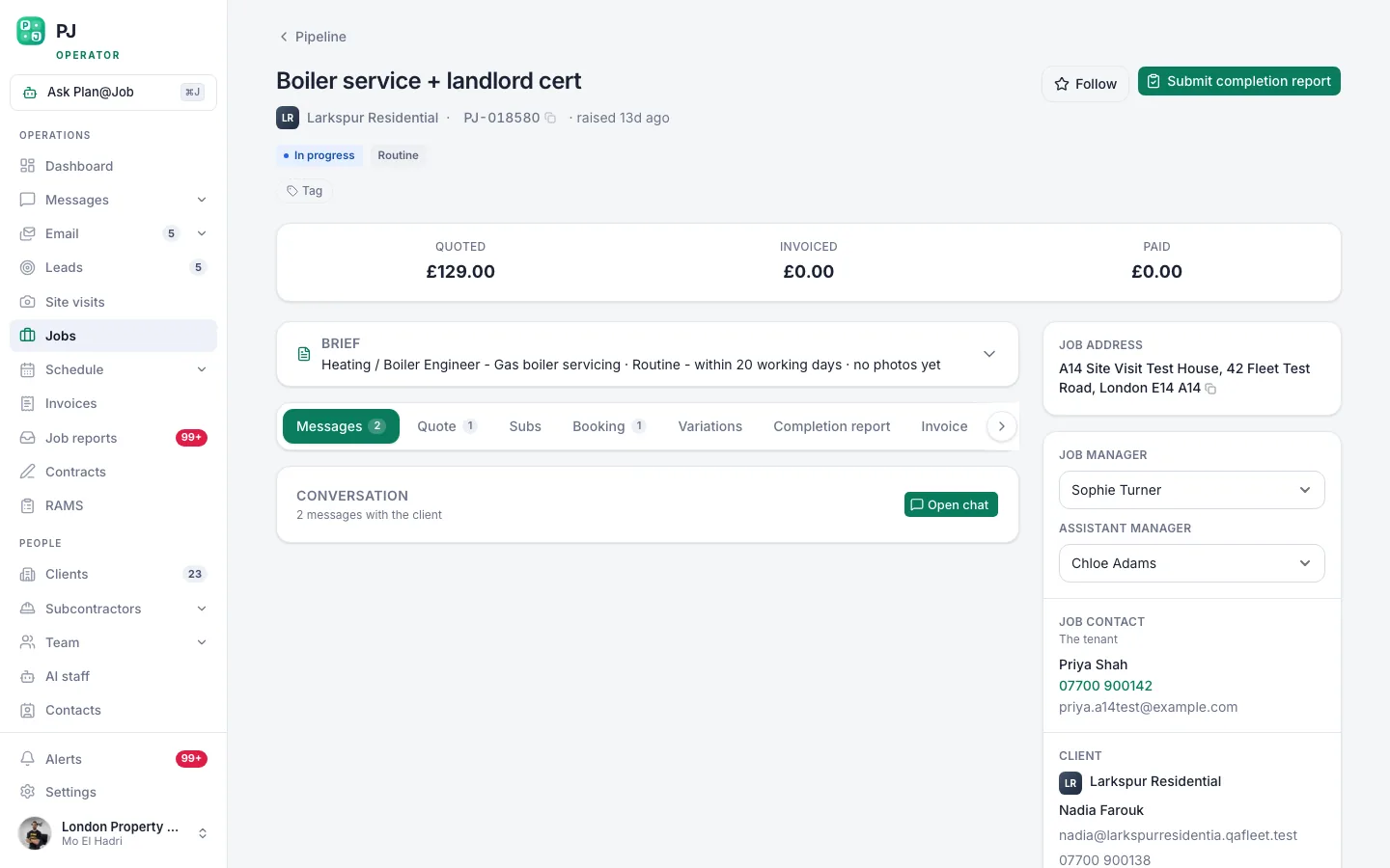 A Plan@Job job page showing scope, internal stages, assigned subcontractor and costs