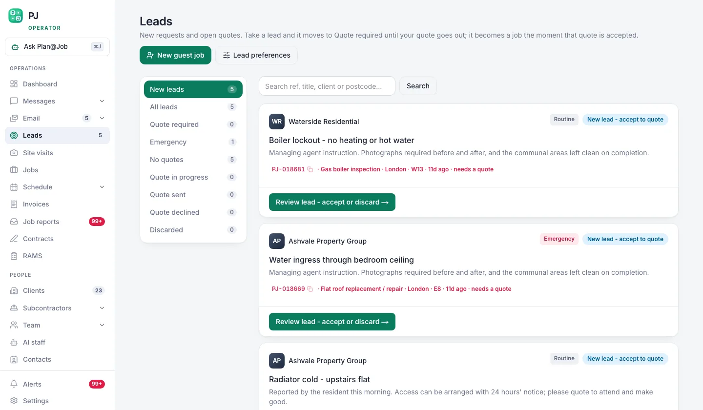 Plan@Job leads queue with new enquiries waiting to be reviewed