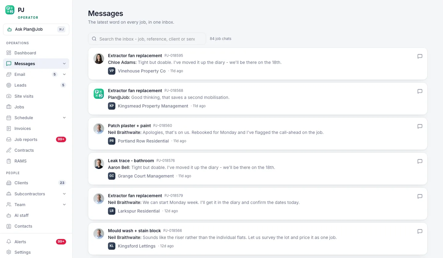 Plan@Job messages screen with conversations attached to jobs