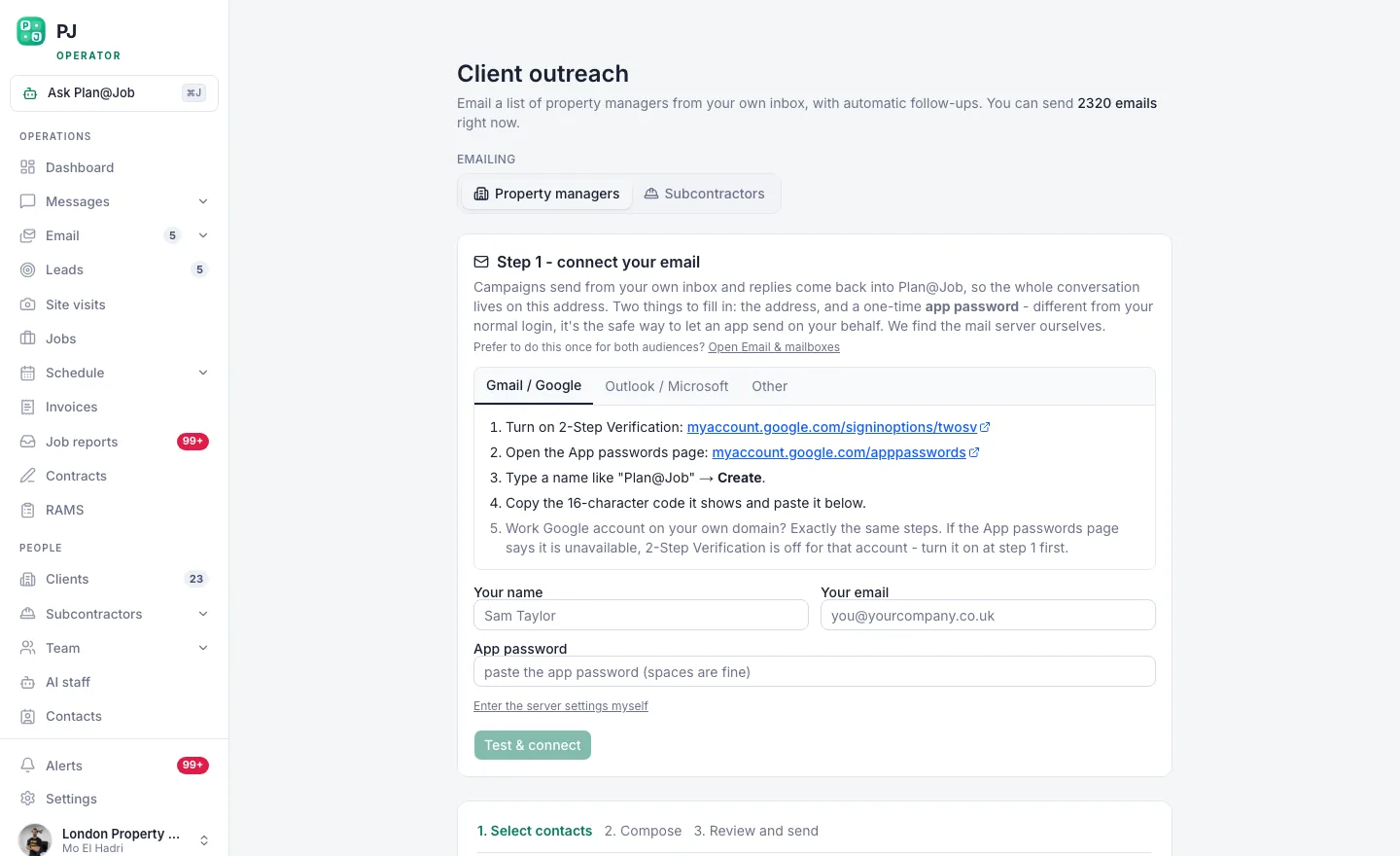 Plan@Job client outreach screen for emailing property managers with automatic follow-ups
