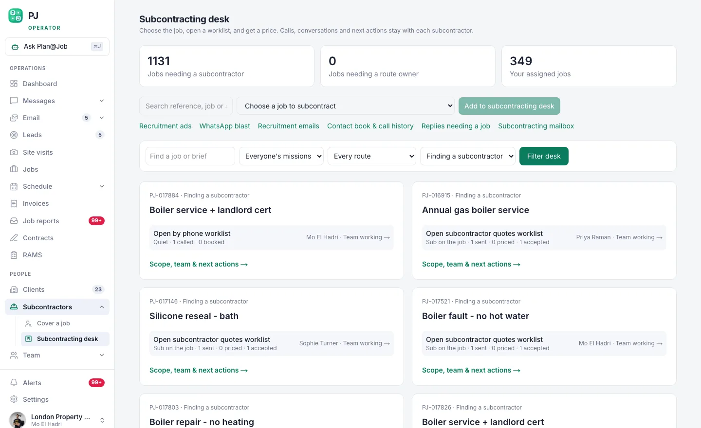 Plan@Job subcontracting desk showing quote requests sent and prices returned