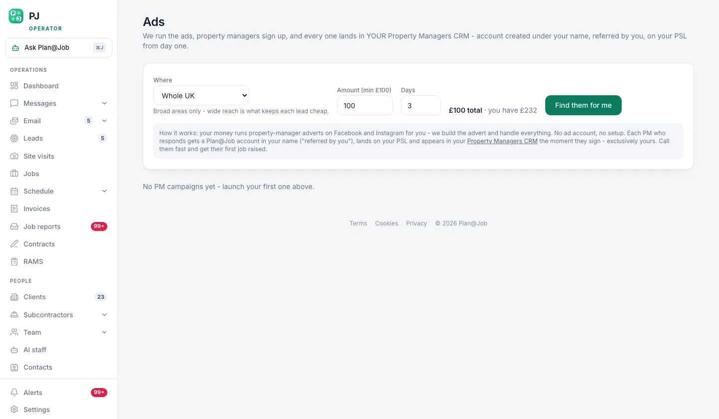 Plan@Job find clients screen showing advertising options for reaching property managers