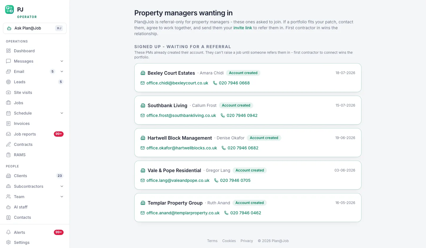 Plan@Job join requests from property managers wanting to use a contractor account
