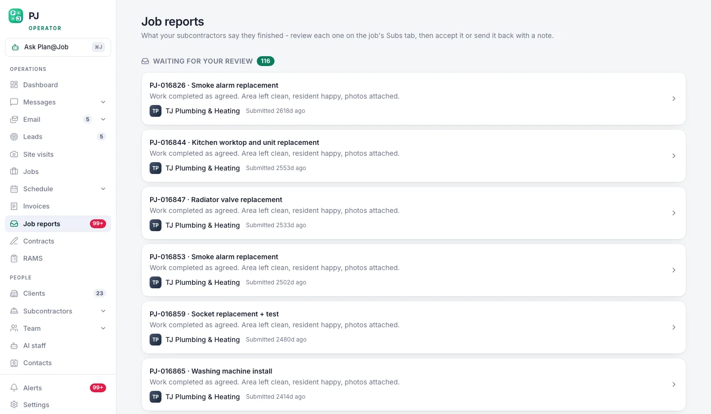 Plan@Job job reports list showing drafted, sent and signed-off reports
