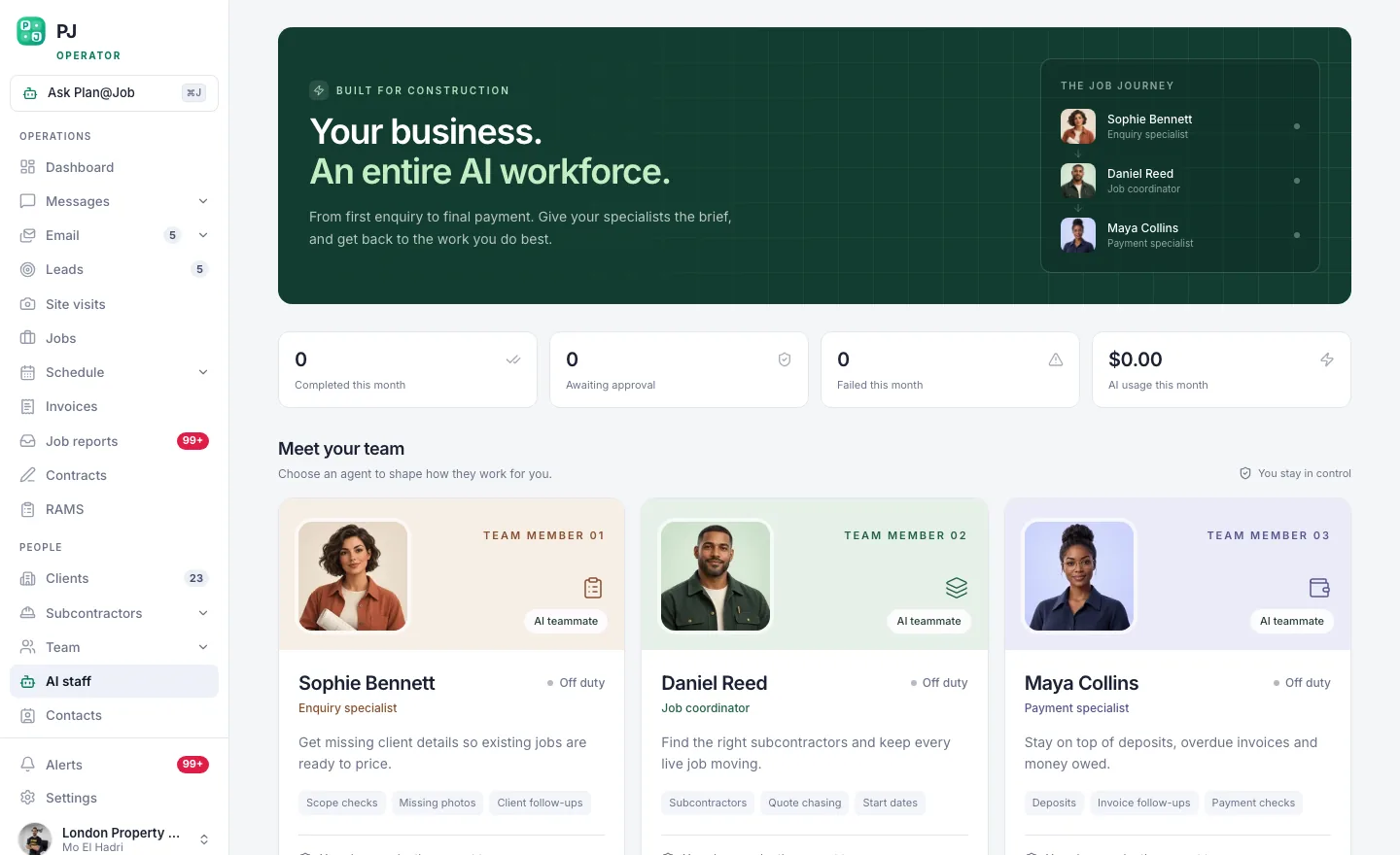 Plan@Job AI staff screen showing Sophie, Daniel and Maya and what each one handles