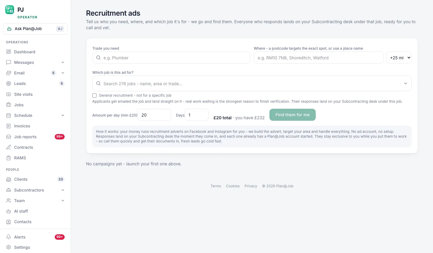 Plan@Job recruitment ads screen for finding subcontractors by trade and city