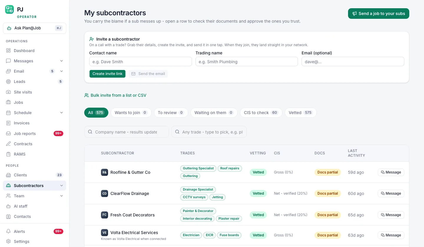 Plan@Job subcontractor network list with trades, areas and vetting status