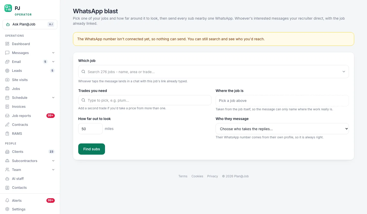 Plan@Job WhatsApp blast screen for sending a job to several subcontractors