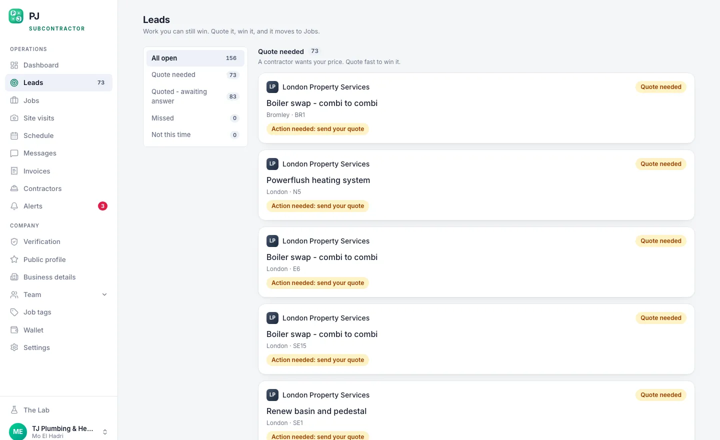 Plan@Job subcontractor lead showing a job offer with scope and the price offered